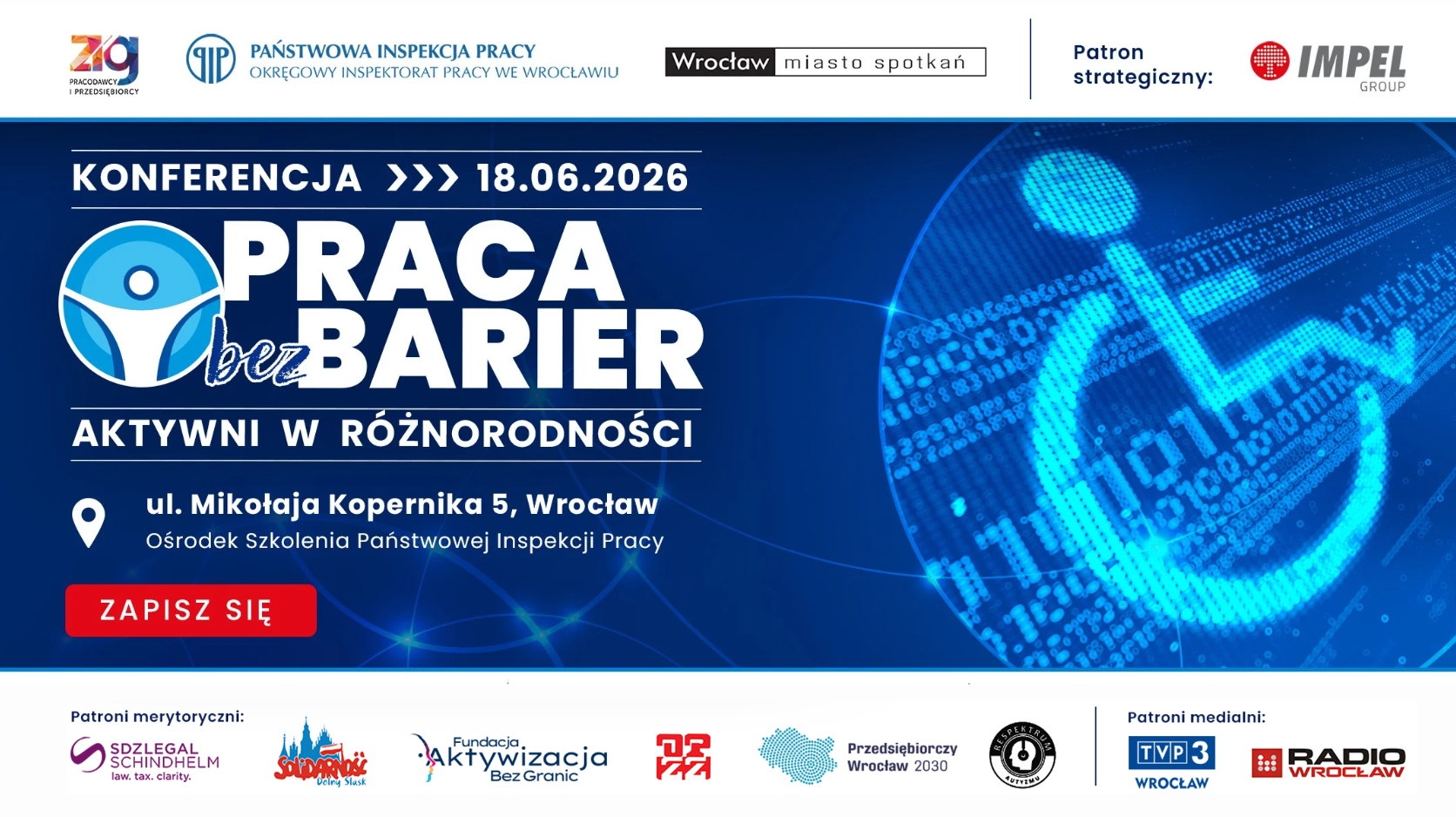 Grafika z tytułem konferencji „Praca bez barier - Aktywni w różnorodności” i datą 18 czerwca 2026