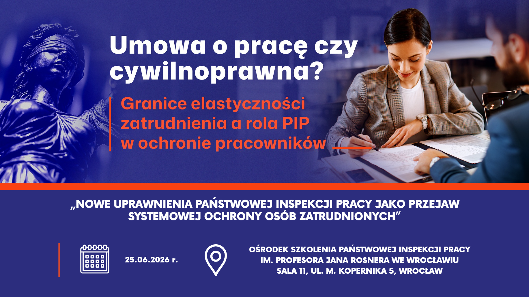 Grafika z tytułem konferencji „Nowe uprawnienia Państwowej Inspekcji Pracy jako przejaw systemowej ochrony osób zatrudnionych”