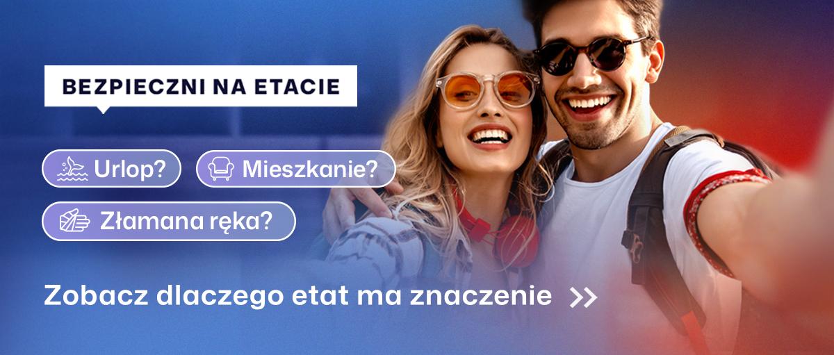 Grafika z nazwą bezpieczni na etacie, uśmiechniętymi ludźmi i podpisem - zobacz dlaczego etat ma znaczenie