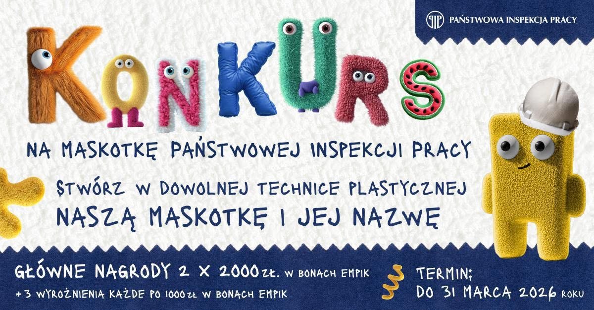 Grafika z napisem konkurs na maskotkę Państwowej Inspekcji Pracy